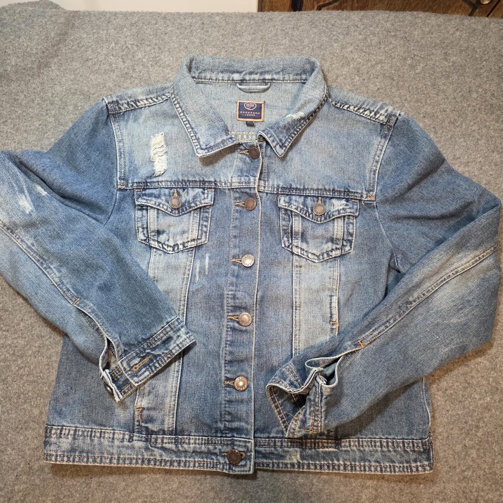 Women Denim Jeans Jacket. Large. Boom Boom. Distressed. Cropped. F2